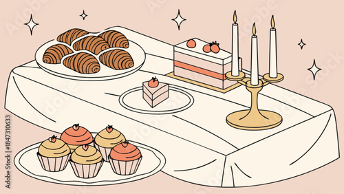 Dessert table with pastries cake and candles elegant celebration spread perfect for event invitation