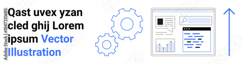 Business technology, data analysis, process optimization, web development, automation, system improvement. Graphic gears and a web browser vector design. Process optimization and web development