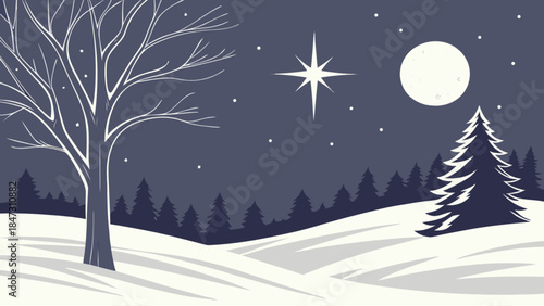 Winter night landscape with snow bare tree and star festive holiday background for Christmas and New