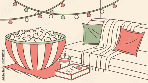Cozy living room scene with popcorn sofa and string lights perfect for movie night or relaxation con