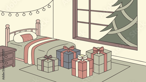 Cozy bedroom with Christmas tree and gifts festive holiday scene perfect for winter greeting cards a
