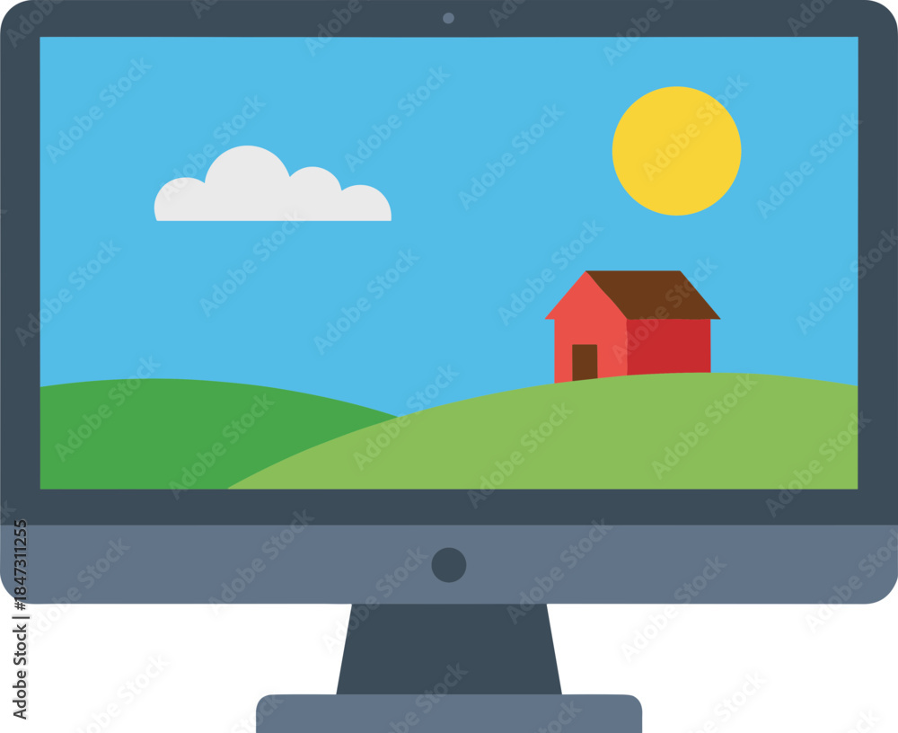 Fototapeta premium Flat Style Desktop Computer Landscape Illustration Scene on Screen Device