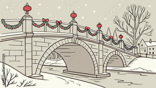 Stone bridge decorated for Christmas winter scene with snow and festive garlands vintage illustratio