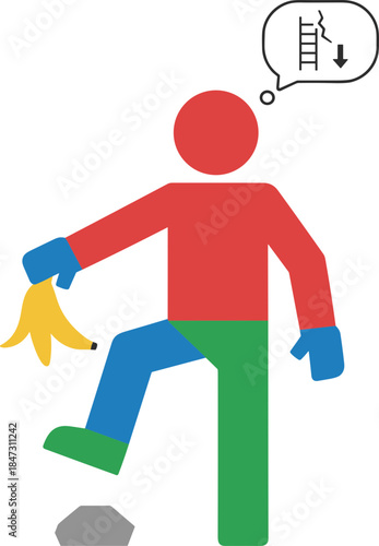 Geometric Stick Figure Accident Illustration with Banana Peel and Ladder Failure Concept