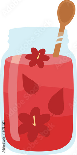 Flat Style Detailed Red Jelly Jar with Spoon Illustration