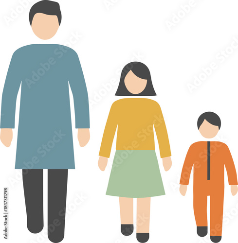 Flat Simple Family Illustration of Father, Daughter, and Son Walking Together