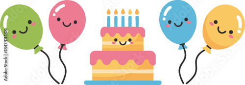Flat Cute Birthday Cake and Smiling Balloon Decoration Party Illustration