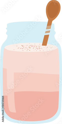 Cute Handdrawn Mason Jar Strawberry Smoothie with Wooden Spoon Illustration