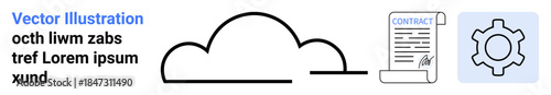 Cloud symbol alongside signed contract and gear icon. Ideal for data storage, security, legal agreements, automation, business processes, cloud computing, simple landing page