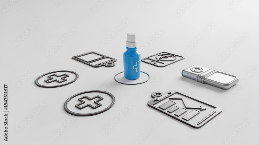 Fototapeta premium 3D render of medical and healthcare icons and objects, on white background