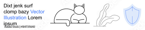 Animal welfare, online security, eco-conscious designs, digital protection, modern art, minimal aesthetics. A sleeping cat, a shield and botanical elements. Animal welfare and online security