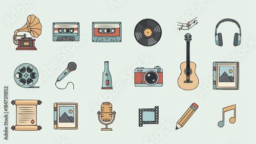 Collection of Vintage and Modern Audio Visual and Music Related Icons.