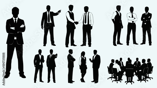 Silhouettes of business people in various poses and situations.