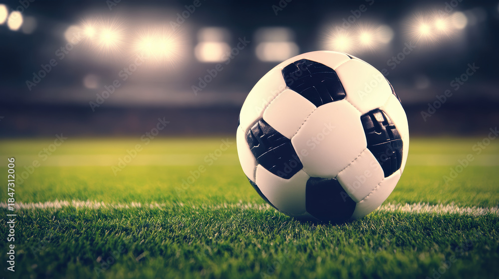 Obraz premium Classic black and white soccer ball on grass field under stadium lights, energetic atmosphere