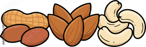 Mixed Nuts Cartoon Illustration – Peanuts, Almonds, Hazelnuts and Cashews in Cute Flat Vector Style Isolated
