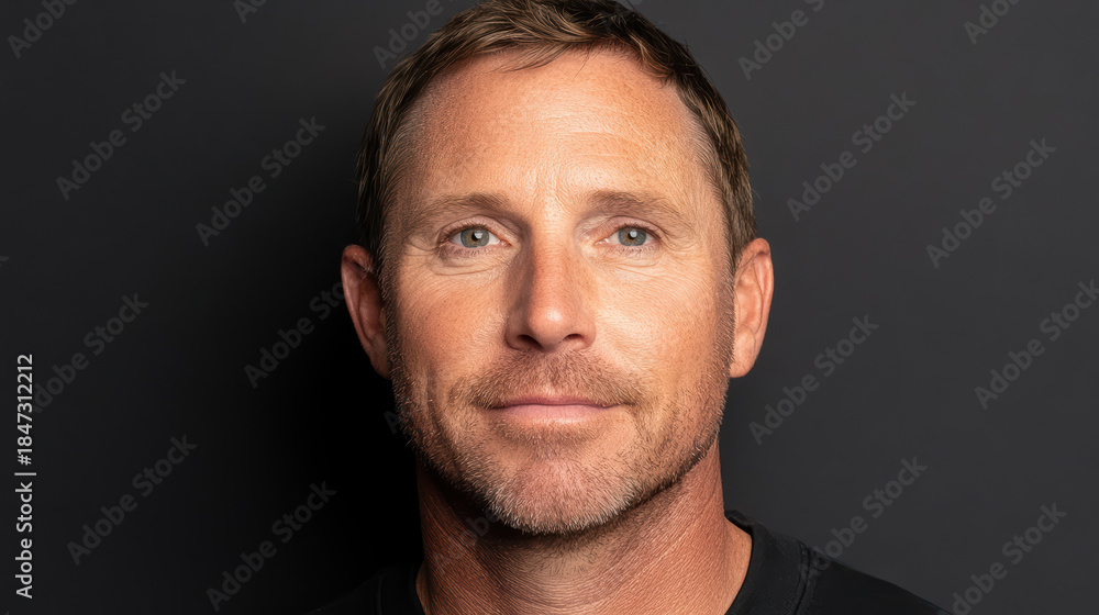 Fototapeta premium Confident smiling man portrait against textured concrete wall, warm tones, minimal mood