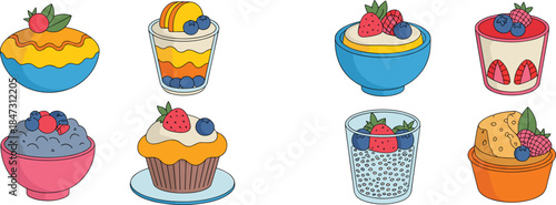 Collection of delicious fruit desserts including parfaits, chia bowls, muffins, tart, and creamy treats, colorful sweet food illustration set
