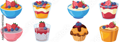 Collection of delicious fruit desserts including parfaits, chia bowls, muffins, tart, and creamy treats, colorful sweet food illustration set