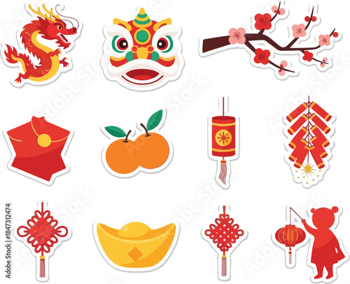 Chinese New Year Sticker Set Festive Dragons, Lions, Oranges, Lanterns, and Celebratory Elements