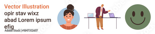 Communication, teamwork, education, productivity, emotional expression, workplace learning. Person at desk with laptops, smiling face portrait of a woman. Communication and teamwork visual elements