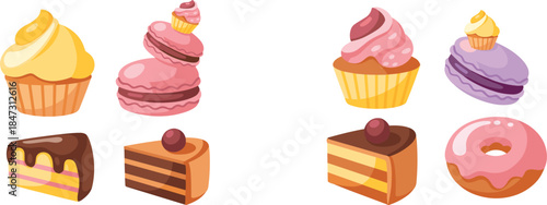 Colorful cartoon desserts including cupcakes, macarons, cake slices and doughnut, perfect for bakery design, sweet food illustration, patisserie artwork and decoration