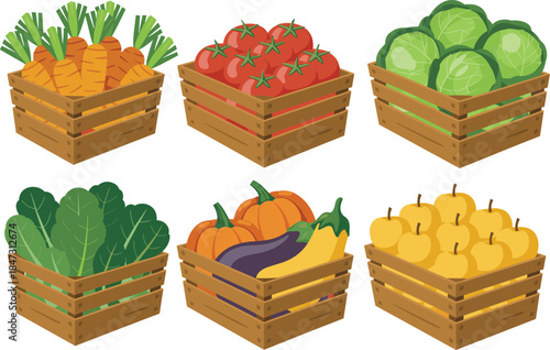 Colorful farm vegetable and fruit crates including carrots, tomatoes, cabbage, leafy greens, pumpkins, squash, and apples in a cute flat cartoon style