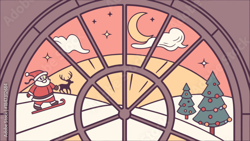 Santa Claus snowboarding past reindeer winter night scene through window festive Christmas illustrat