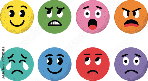 Colorful emotion faces illustration, expressive emoji set, happy sad angry surprised icons, cartoon facial expressions, mental health feelings symbols artwork