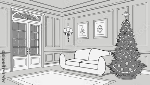 Cozy living room with Christmas tree and sofa elegant interior design sketch holiday season concept