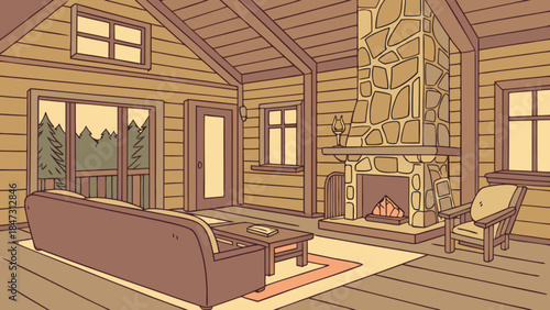 Cozy log cabin interior with stone fireplace comfortable living room scene perfect for rustic home d