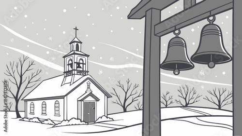 Winter church scene with bells snowy landscape and bare trees festive holiday illustration for greet