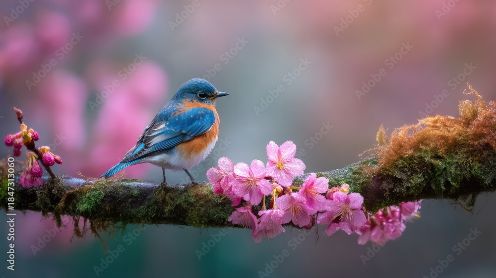Obraz premium Barn swallow perched on blooming branch in springtime.