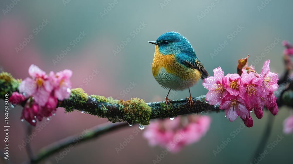 Fototapeta premium Barn swallow perched on blooming branch in springtime.