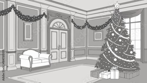 Elegant Christmas room with decorated tree and gifts festive interior scene for holiday greetings an