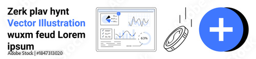 Data analysis, healthcare, digital tools, financial management, research, infographic. Dashboard with graphs and charts alongside a blue cross icon. Data analysis and healthcare concept