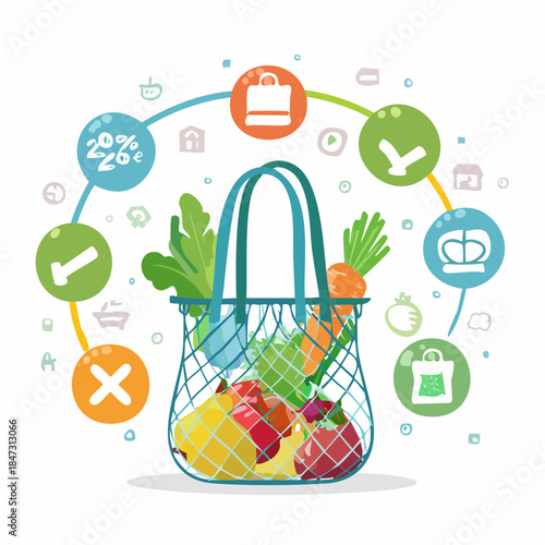 Flat vector illustration of a reusable shopping bag filled with fresh produce surrounded by subscription icons