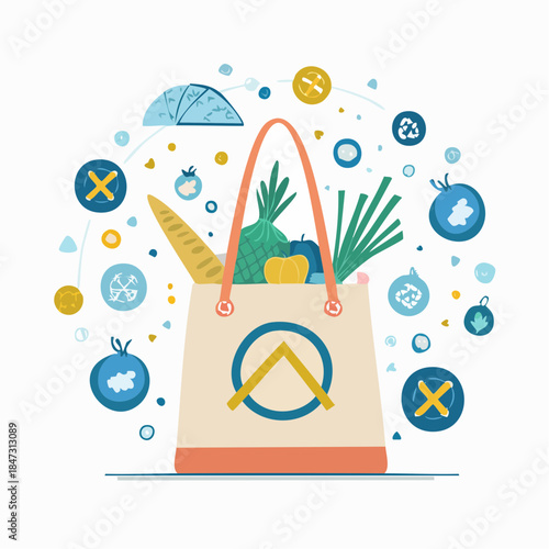 Shopping bag filled with fresh produce and groceries in a digital illustration