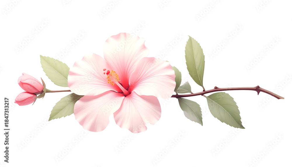 Obraz premium Delicate illustration of a pink hibiscus flower with buds, leaves, and a brown stem