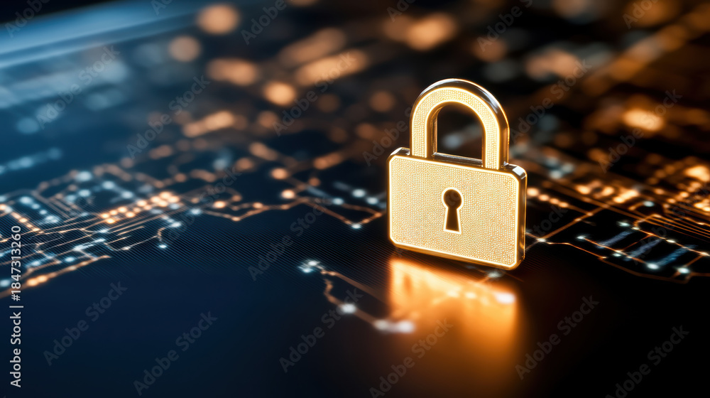 Fototapeta premium Gold padlock on glowing circuit board symbolizing digital security and trust