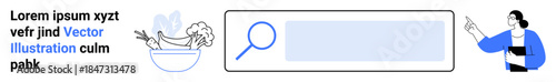 Online research, search tools, product reviews, data analysis, digital navigation, consumer behavior. Magnifying glass and person interacting visually with a search bar. Online research and digital