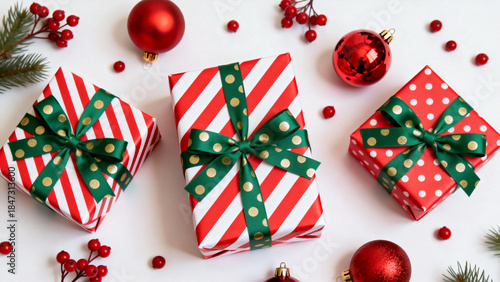 Three Christmas gifts wrapped in red and white striped paper with green ribbons, surrounded by red ornaments and holly berries on a white background