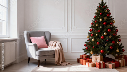 Cozy living room with decorated Christmas tree, wrapped gifts, and armchair by a window