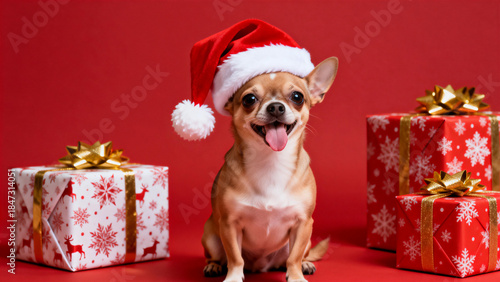 A small dog wearing a Santa hat sits between wrapped Christmas gifts on a red background. Chihuahua