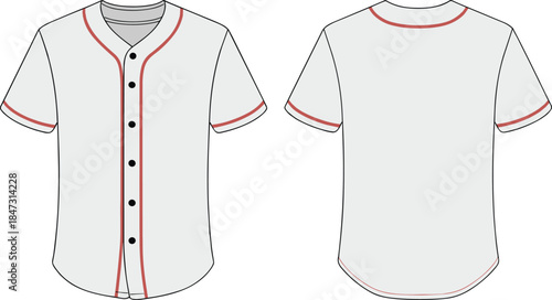 Men baseball jersey t shirt front back view technical fashion template mockup apparel design, cad drawing flat vector illustration