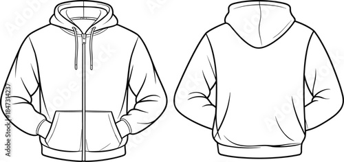 Men full zip hoodie CAD drawing, front and back view, flat vector technical fashion apparel illustration template design menswear clothing