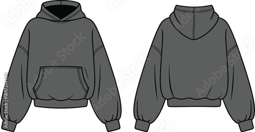 Unisex hoodie sweatshirt technical flat vector CAD drawing front back view casual streetwear apparel fashion design illustration template modern garment