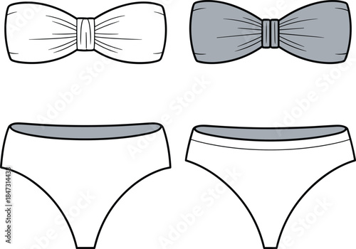 Women bikini swimsuit technical flat vector CAD drawing top bottom front back view fashion apparel design illustration