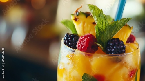 Delicious fruit cocktail with pineapple, raspberries, blackberries and mint