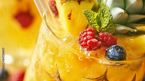 Exotic pineapple cocktail with fresh berries and mint garnish macro shot