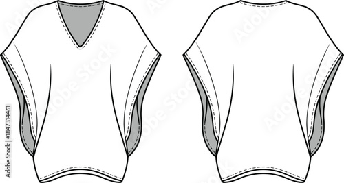 Women loose fit V neck top front and back view, apparel technical sketch, cad drawing flat vector illustration, fashion template